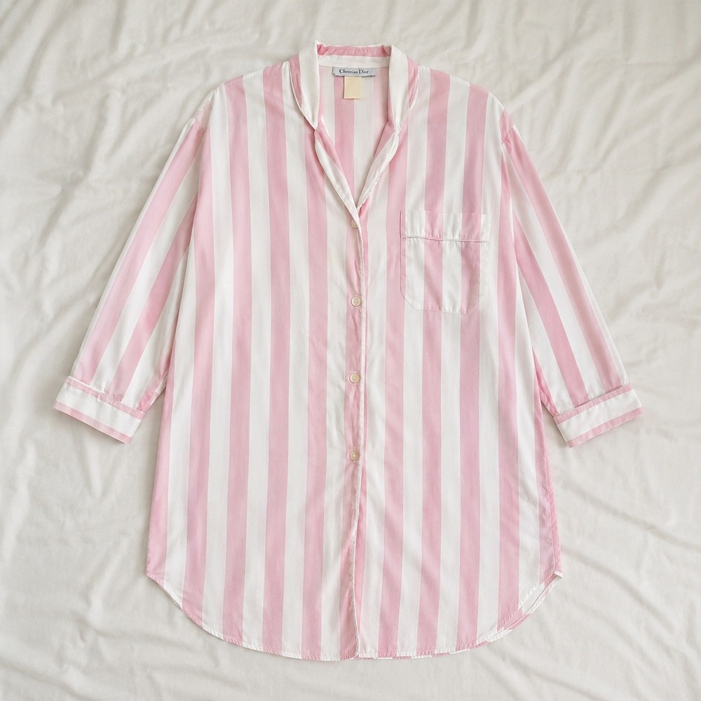 Vintage 80s Christian Dior Nightgown Pastel Pink Stripe Sleep Shirt Medium